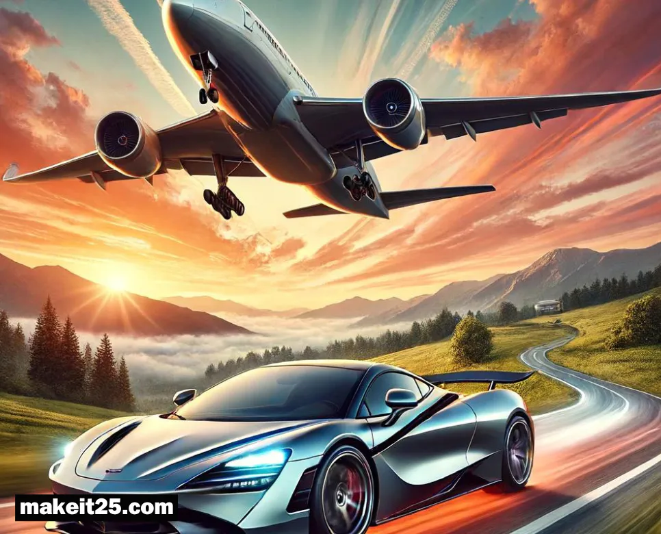 멋진 비행기와 자동차를 사용한 그림입니다.<br><br>  노을빛 아래 하늘을 나는 비행기와 푸른 풍경을 배경으로 달리는 스포츠카를 역동적으로 표현하였습니다.<br><br>